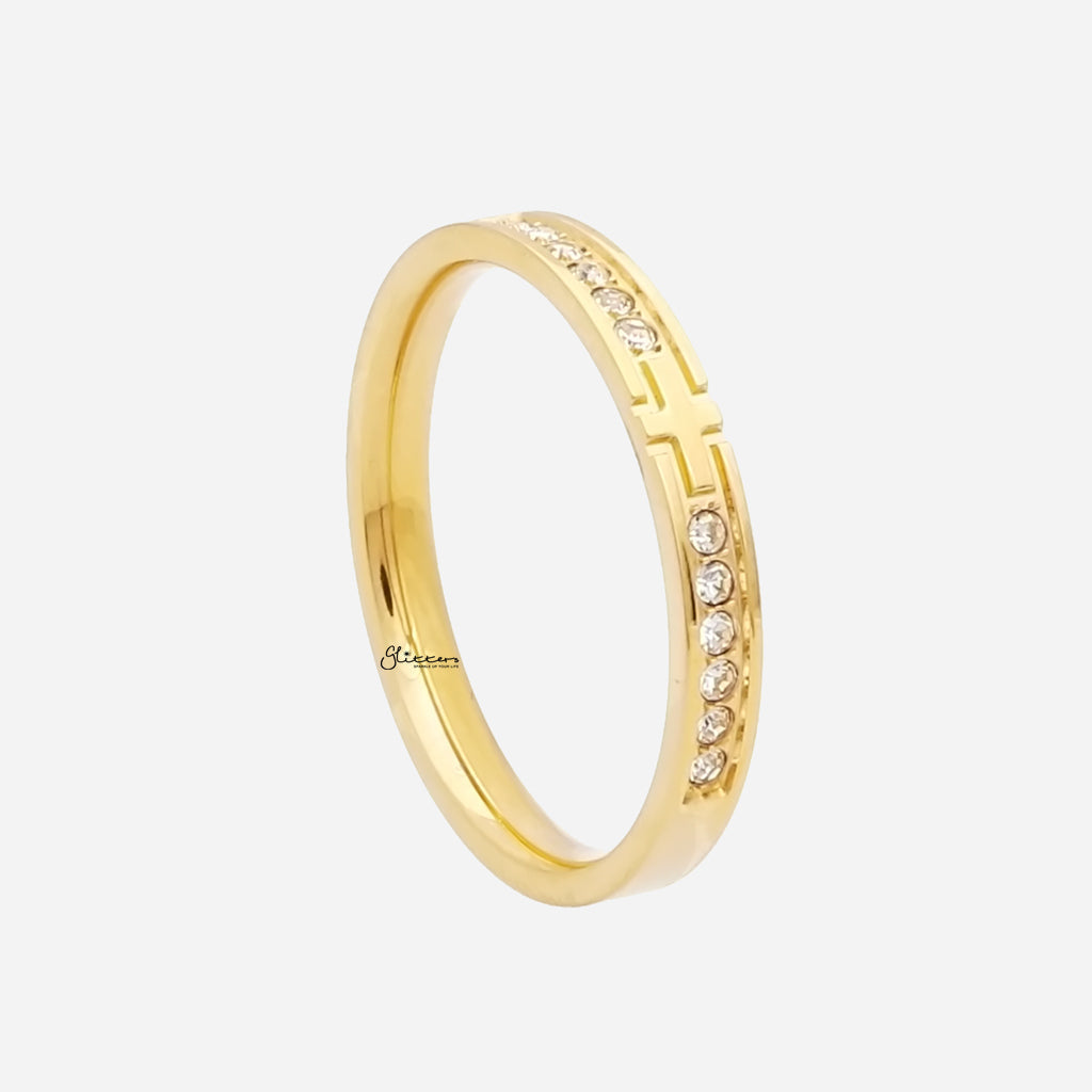 Stainless Steel Cross Ring with CZs - Gold