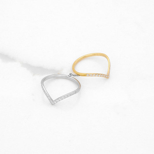 Stainless Steel V Shape CZ Paved Ring - Silver