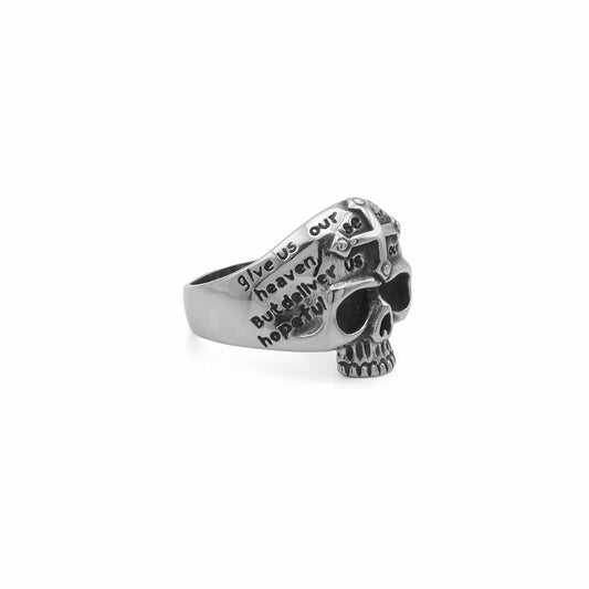 Stainless Steel Skull Ring with Cross and Script Engraving