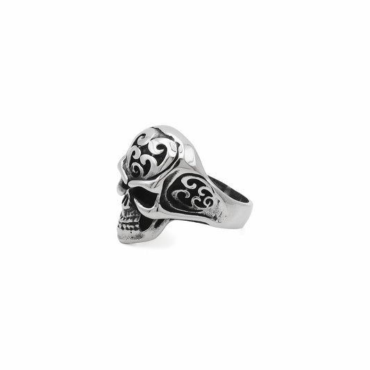 Stainless Steel Skull Ring with Tribal Carved Design