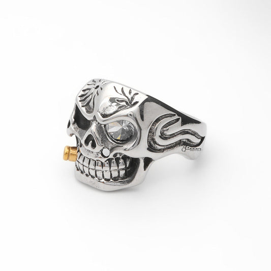 Stainless Steel Skull with Gold Bullet Ring