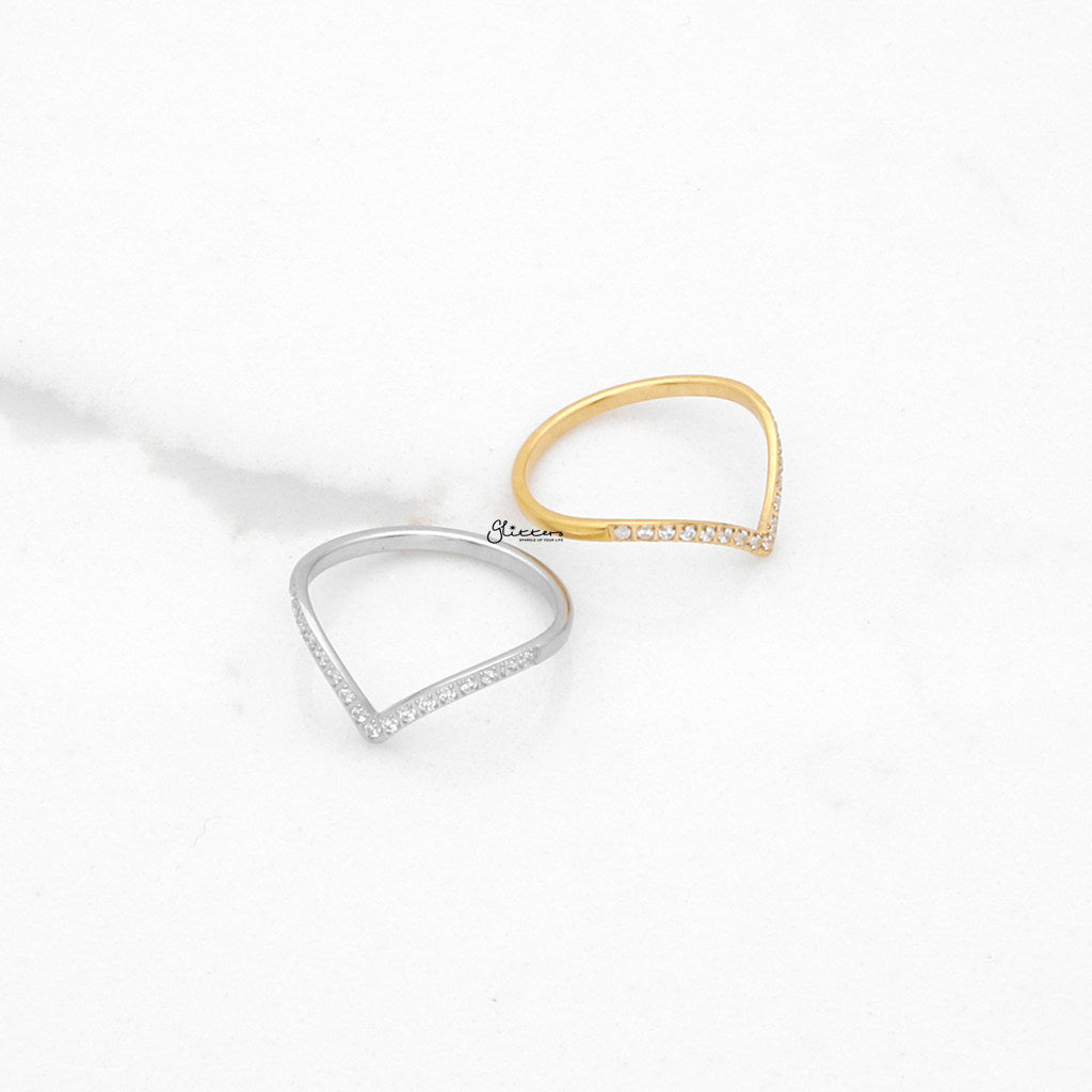 Stainless Steel V Shape CZ Paved Ring - Silver