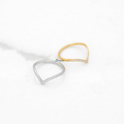 Stainless Steel V Shape CZ Paved Ring - Silver