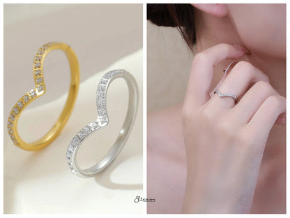 Stainless Steel V Shape CZ Paved Ring - Silver