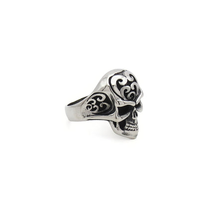 Stainless Steel Skull Ring with Tribal Carved Design